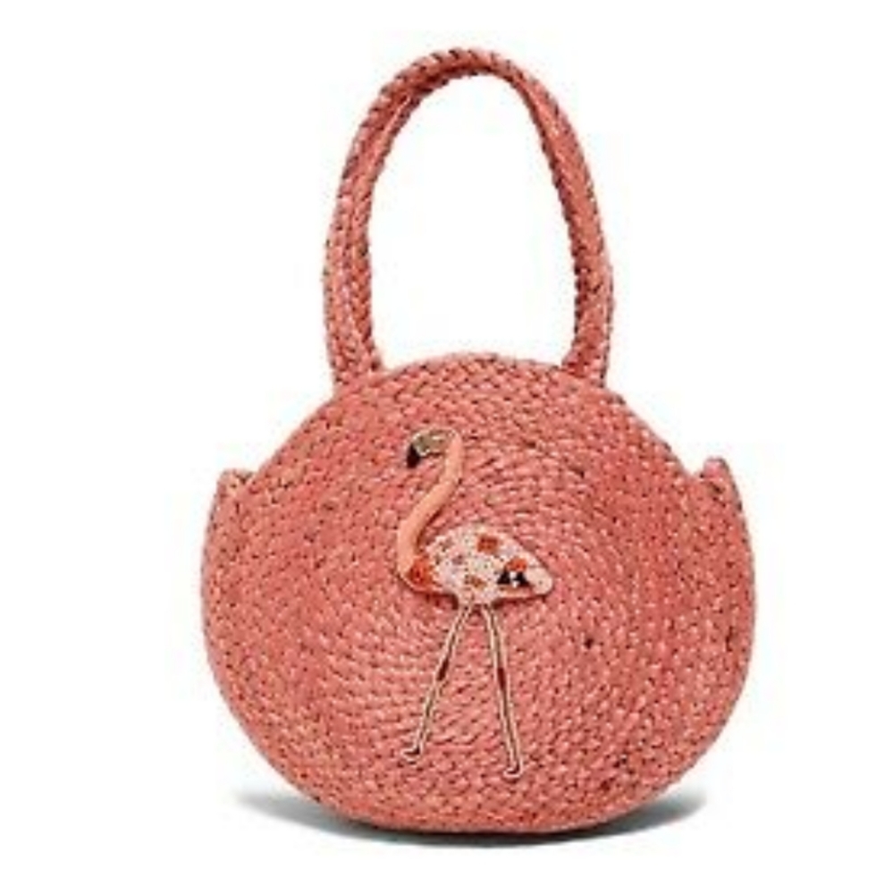 Zara jute fabric pink flamingo handbag.